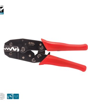 לוחץ רץ'ט ארגונומי 120KN 0501205 של B.Tech במבט צד — לוחץ נעלי כבל בגוף שחור עם ראש לחיצה רחב משונן וחמישה תאי לחיצה הקסגונליים, ידיות אדומות מבודדות עם אחיזה ארגונומית. מתאים ללחיצת נעלי כבל מבודדות בגדלי 0.5-10 מ"מ². כושר לחיצה 120KN. מק"ט 0501205.
