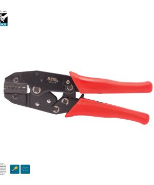 לוחץ רץ'ט ארגונומי 120KN 0501206 של B.Tech במבט צד — לוחץ נעלי כבל בגוף שחור עם ראש לחיצה משונן וכפתור ציבעי לכל מידה, ידיות אדומות-שחורות מבודדות עם אחיזה ארגונומית. מתאים ללחיצת נעלי כבל מבודדות בגדלי 0.5-6 מ"מ². כושר לחיצה 120KN. מק"ט 0501206.