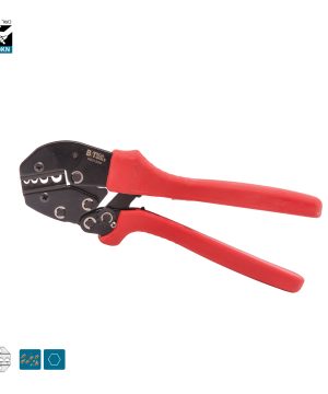 לוחץ רץ'ט ארגונומי 120KN 0501207 של B.Tech במבט צד — לוחץ נעלי כבל בגוף שחור עם ראש לחיצה רחב וחמישה תאי לחיצה צבעוניים (אדום, כחול, צהוב), ידיות אדומות-שחורות מבודדות עם אחיזה ארגונומית. מתאים ללחיצת נעלי כבל מבודדות בגדלי 0.5-10 מ"מ². כושר לחיצה 120KN. מק"ט 0501207.