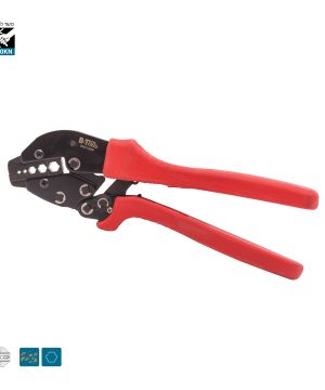 לוחץ רץ'ט ארגונומי 150KN עם כנף 0501208 של B.Tech במבט צד — לוחץ נעלי כבל בגוף שחור עם ראש לחיצה רחב וחמישה תאי לחיצה הקסגונליים, ידיות אדומות-שחורות מורחבות עם כנפיים תומכות. מתאים ללחיצת נעלי כבל בגדלי 0.5-10 מ"מ². כושר לחיצה 150KN. מק"ט 0501208.