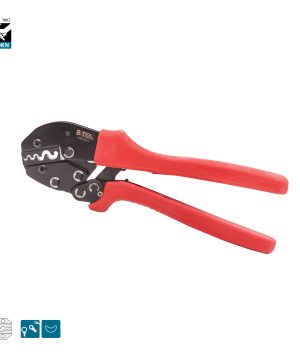 לוחץ קצוות כבל ידני של B.Tech 150KN — גוף שחור-מסיבי עם פתחי לחיצה הקסגונליים בגדלים שונים, גוף עם תווית BTECH TOOLS 0501211 וטכנולוגיית רצ'ט פנימית, וידיות אדומות ארוכות מקצרות. סמלים: 150KN, פתחי לחיצה משובחים, חצי-עיגול. מתאים לאלקטרונאים. מק"ט 0501211.