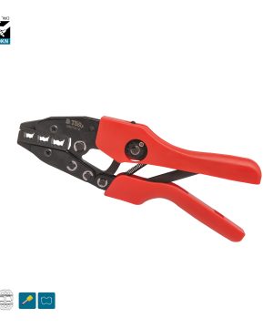 לוחץ קצוות כבל ידני של B.Tech 150KN — גוף שחור-מסיבי עם פתחי לחיצה לטרמינלים שטוחים, גוף עם תווית BTECH TOOLS 0501212 וטכנולוגיית רצ'ט פנימית, וידיות אדומות ארוכות מקצרות. סמלים: 150KN, פתחי טרמינלים שטוחים. מק"ט 0501212.