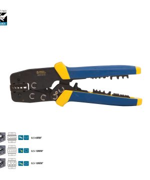 תמונת מוצר נוספת 1 של סט לוחץ רצ'ט ארגונומי 160KN – 2 פעולות B.Tech — פלייר לחיצת מחברים שחור עם ידיות צהובות-כחולות מבית B.Tech בקטגוריית כלים נטענים, לחיצה, כיפוף וחיתוך. מק