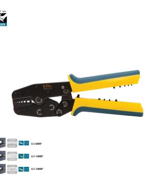 פלייר לחיצת מחברים חשמליים 160KN 0501216 של B.Tech במבט צד — פלייר רץ'ט מקצועי עם ראש לחיצה שחור מחושל ושלושה תאי לחיצה לכבלים מבודדים, ידיות צהובות-טורקיז דו-קומפוננטיות עם אחיזה ארגונומית, סימוני B.Tech ומק"ט 0501216. כושר לחיצה 160KN. מקצועי לחשמלאים. מק"ט 0501216.