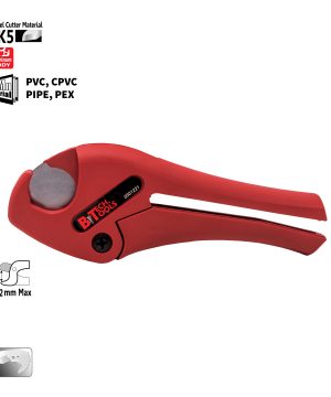 חותך צינורות פלסטיק SK5 32 מ"מ Max של B.Tech במבט צד — חותך צינורות פלסטיק קומפקטי בגוף אלומיניום אדום עם ידיות אדומות מבודדות, גלגל חיתוך SK5 כסוף ולוגו B.Tech Tools ומק"ט 0501221. מתאים לחיתוך נקי של צינורות PVC, CPVC, PIPE ו-PEX עד 32 מ"מ. מק"ט 0501221.