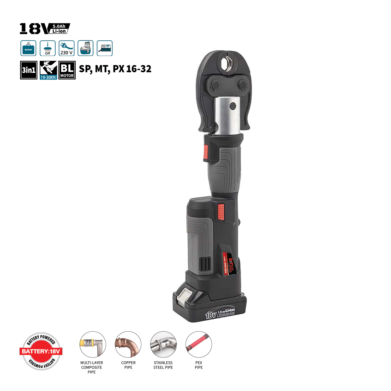 תמונת מוצר נוספת 1 של לוחץ מחברי צנרת לכל הסוגים נטען ישר 18V ליתיום 32-16 PX/MT/SP — לוחץ צנרת שחור נטען אנכי עם ראש לחיצה עגול וסוללה מבית B.Tech בקטגוריית כלים נטענים, לחיצה, כיפוף וחיתוך. מק"ט 0501289.4.