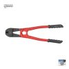 חותך ברזל בניין מקצועי BOLT CRV ST של B.Tech 18" במבט צד — חותך מספריים ידני 18"/450 מ"מ עם ידיות אדומות וידיות גומי שחורות חלוקות לתפיסה, ראש חיתוך מפלדה Professional CRMO Steel שחור-מט עם להבי חיתוך עבים, ציר נעילה כפול במרכז עם בורג כיוון. הגדלה תחתונה מציגה חיתוך גדר מתכת. מק"ט 0501518 — חותך מקצועי לברזל בנייה, גדרות ושרשראות.