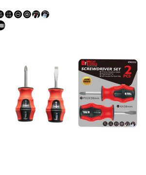 סט שני מברגים סטנדרטי של B.Tech (Screwdriver Set 2pcs) — מברג פיליפס PH2X38mm ומברג שטוח 6X38mm קצרים עם ידיות אדומות-שחורות ארגונומיות. הסט מוצג גם באריזת בלסטר מקצועית עם תווית BTECH TOOLS SCREWDRIVER SET 0502232. סמלים: HRC 51-54, CrV 6150, MAGNETIC TIP, GRIP TIP. מק"ט 0502232.
