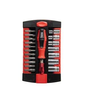 סט מברגים-בוקסות 19 חלקים של B.Tech — אריזת פלסטיק שחורה-אדומה ארגונומית עם ידית גומי אדומה-שחורה במרכז עם מאריך מגנטי אדום, 10 ביטים מסודרים בצד שמאל (פיליפס/שטוח/הקס/טורקס) ב-CR-V, ו-7 בוקסות חרום-וונדיום בצד ימין בגדלים 5-13 מ"מ. סמליל BTECH TOOLS למעלה. מק"ט 0502240.