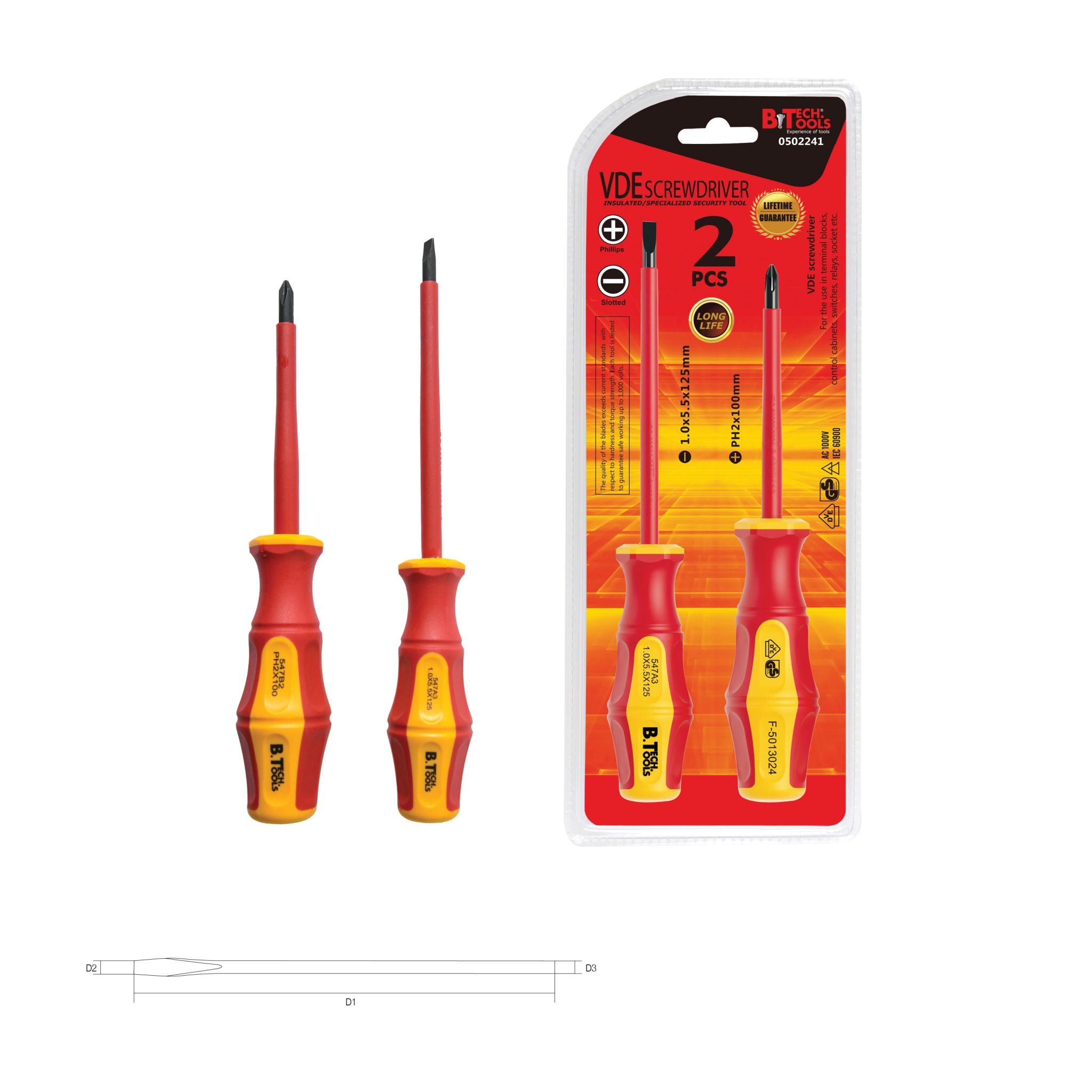 סט מברגים VDE 1000V דו-קומפוננטי 2 יחידות של B.Tech במבט קדמי — שני מברגי VDE מבודדים: שטוח 1.0x5.5x125 מ"מ ופיליפס PH2x100 מ"מ, ידיות צהובות-אדומות דו-קומפוננטיות, סימוני GS ו-IEC 60900. אריזת בליסטר אדומה. מתאים לעבודות חשמל מוסמכות. מק"ט 0502241.