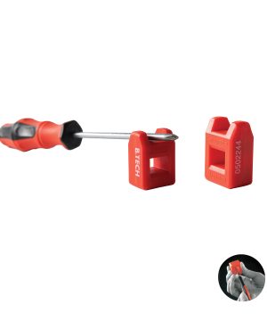 ממגנט/דה-ממגנט מברגים B.Tech במבט עליון — שני בלוקים אדומים מפלסטיק עם פתחי הכנסה, צד אחד מסומן Magnetize וצד שני Demagnetize, לוגו B.TECH ומק"ט 0502244. ניתן לראות מברג עם להב מגנטי מודגם בפעולה. מתאים להפעלה וניטרול מגנטיות במברגים. מק"ט 0502244.