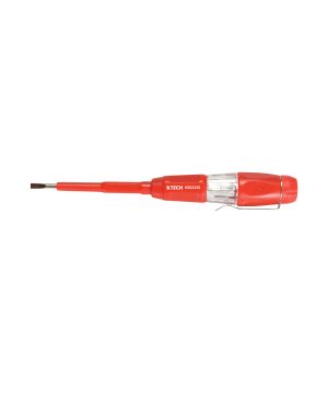 טסטר HI CROL מקצועי 3x75 של B.Tech במבט צד — בודק מתח חשמלי קומפקטי בידית אדומה דו-קומפוננטית עם נורית סימון מובנית, להב חיווי כסוף, וקליפ תלייה במכנס. מסומן B.TECH ומק"ט 0502335. מקצועי לחשמלאים לבדיקת זרם בחוטים ושקעים. מק"ט 0502335.