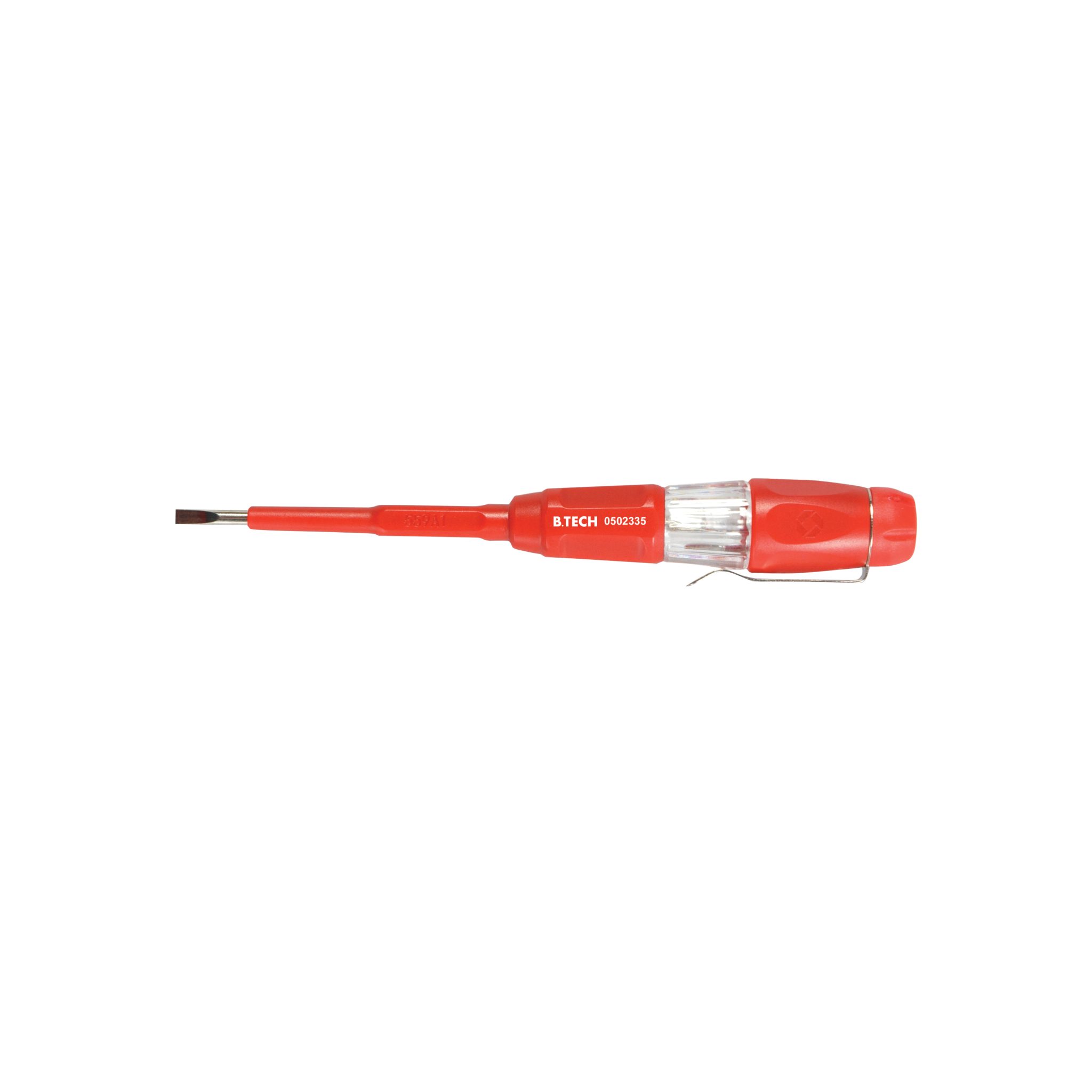 טסטר HI CROL מקצועי 3x75 של B.Tech במבט צד — בודק מתח חשמלי קומפקטי בידית אדומה דו-קומפוננטית עם נורית סימון מובנית, להב חיווי כסוף, וקליפ תלייה במכנס. מסומן B.TECH ומק"ט 0502335. מקצועי לחשמלאים לבדיקת זרם בחוטים ושקעים. מק"ט 0502335.
