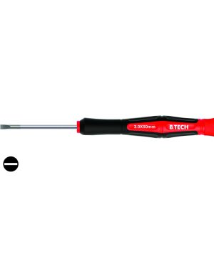 מברג אלקטרוניקה דיוק 3.0X50 מ"מ דו-קומפוננטי של B.Tech במבט צד — מברג מיניאטורי עם ידית אדומה-שחורה דו-קומפוננטית, ציר כסוף קצר וקצה שטוח 3.0 מ"מ באורך 50 מ"מ, סוף ידית בכיפה אדומה לסיבוב מהיר. מתאים לעבודות אלקטרוניקה ומכשור עדין.