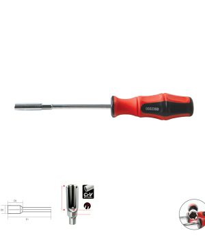 מברג בוקסה דו-קומפוננטי של B.Tech — שוק פלדה CrV מבריק ארוך עם בוקסה הקס בקצה (טיפ מגנטי), ידית אדומה-שחורה ארגונומית עם תווית מק"ט 0502350. אינפוגרפיקות בתחתית מציגות שלושה רדיוסים פנימיים, חומר CrV STEEL ותכונת MAGNET TIP.