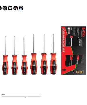 סט שש מברגי טורקס של B.Tech — שישה מברגים אדומים-שחורים עם שוקי כרום-וונדיום ואקסטדים טורקס בגדלים T10/T15/T20/T25/T27/T30. הסט מוצג גם באריזת בלסטר מקצועית עם תווית BTECH TOOLS SCREWDRIVER SET CRV. סמלים: HRC 51-54, CrV 6150, MAGNETIC TIP, GRIP TIP. מק"ט 0502363.