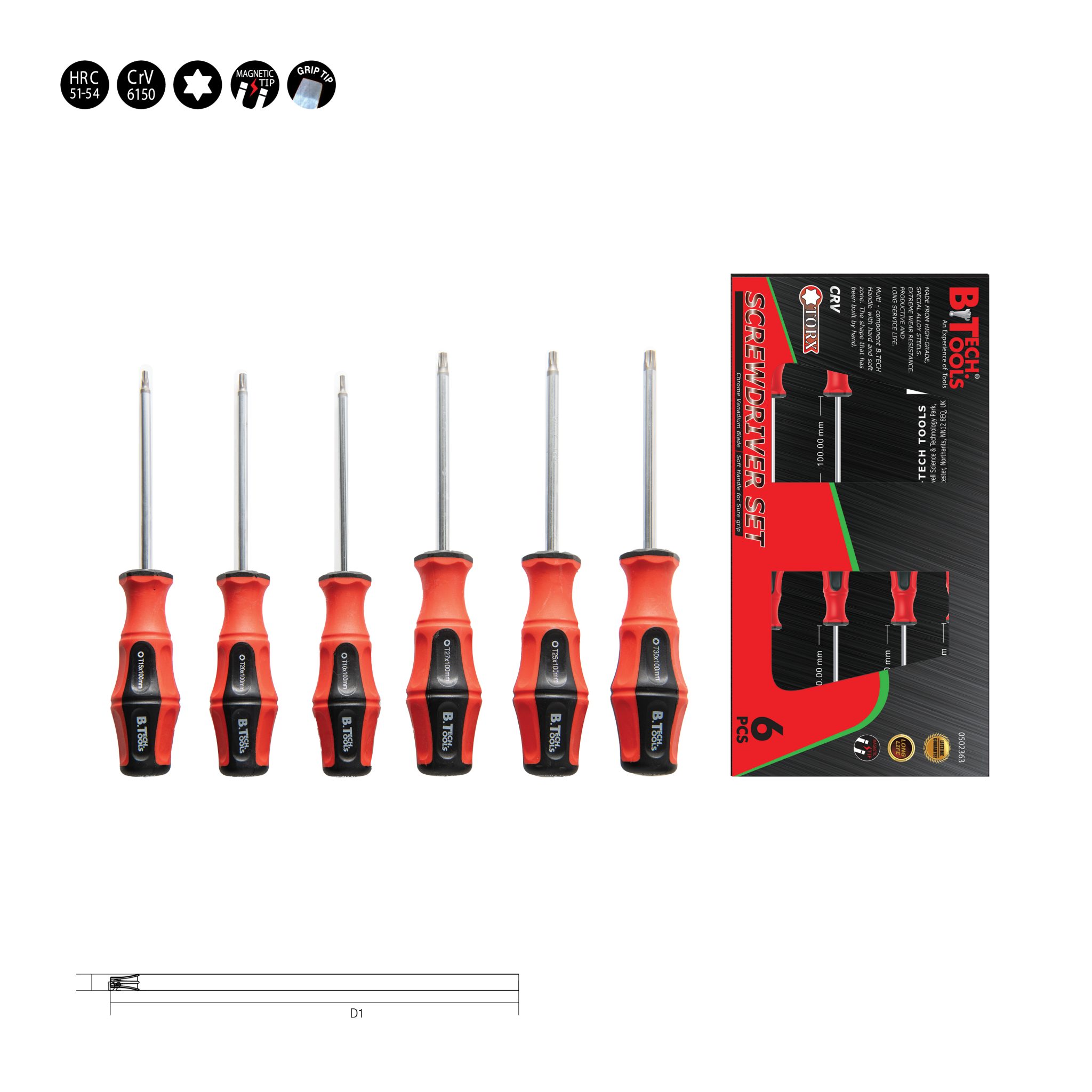 סט שש מברגי טורקס של B.Tech — שישה מברגים אדומים-שחורים עם שוקי כרום-וונדיום ואקסטדים טורקס בגדלים T10/T15/T20/T25/T27/T30. הסט מוצג גם באריזת בלסטר מקצועית עם תווית BTECH TOOLS SCREWDRIVER SET CRV. סמלים: HRC 51-54, CrV 6150, MAGNETIC TIP, GRIP TIP. מק"ט 0502363.