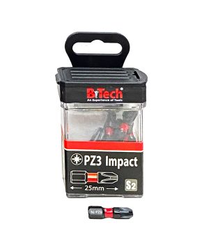 אריזה מקורית של ביטים פוזידרייב מגנטיים B.Tech S2 Impact Torsion — 3 ביטים שחורים פוזידרייב S2 עם טבעת אדומה מבית B.Tech בקטגוריית ביטים. מק