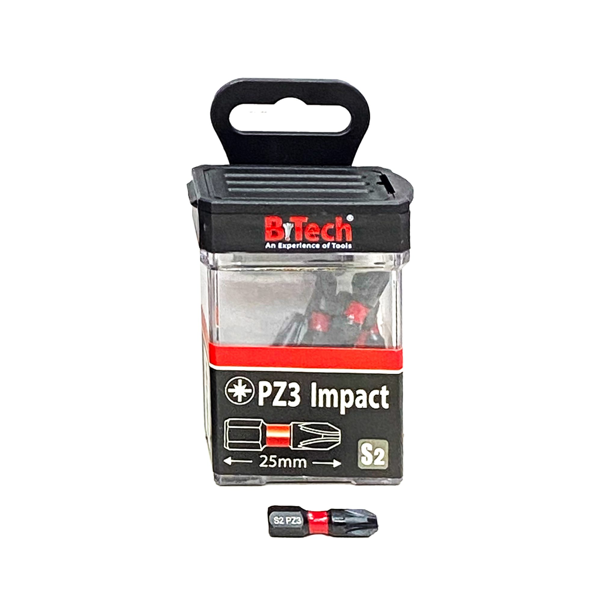 אריזה מקורית של ביטים פוזידרייב מגנטיים B.Tech S2 Impact Torsion — 3 ביטים שחורים פוזידרייב S2 עם טבעת אדומה מבית B.Tech בקטגוריית ביטים. מק"ט 0502622.