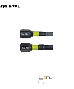 ביטים אלן (Hex) מגנטיים S2 Impact Torsion של B.Tech במבט קדמי — שני ביטים שחורים באורך 25 מ"מ בגדלי H3 ו-H4 (הקסאגון 3 מ"מ ו-4 מ"מ), כל אחד עם טבעת צהובה מרכזית לאזור הטורסיון (Impact Torsion Zone) שבולעת זעזועי מברגות אימפקט וחוסכת שחיקת הביט. סימון לייזר 'S2 H3/H4' על הזנב. שרטוט מימדי תחת — אורך 25 מ"מ. מתאימים למברגות אימפקט לברגי Hex בתעשייה ובתחבורה.