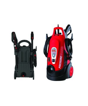 מכונת שטיפה D5 1700PSI של B.Tech — גוף אדום-שחור גדול אנכי על גלגלים אדומים גדולים, ידית טלסקופית אחורית שחורה, פאנל אדום עם מתג שחור וסמליל BTECH TOOLS 1700psi PRESSURE WASHER לבן ב-vertikal text. אקדח מים שחור וצינור לחץ גבוה ארוך מקופל סביב התוף. תמונה משנית מציגה את המכשיר ממבט אחורי. מק"ט 0503067.
