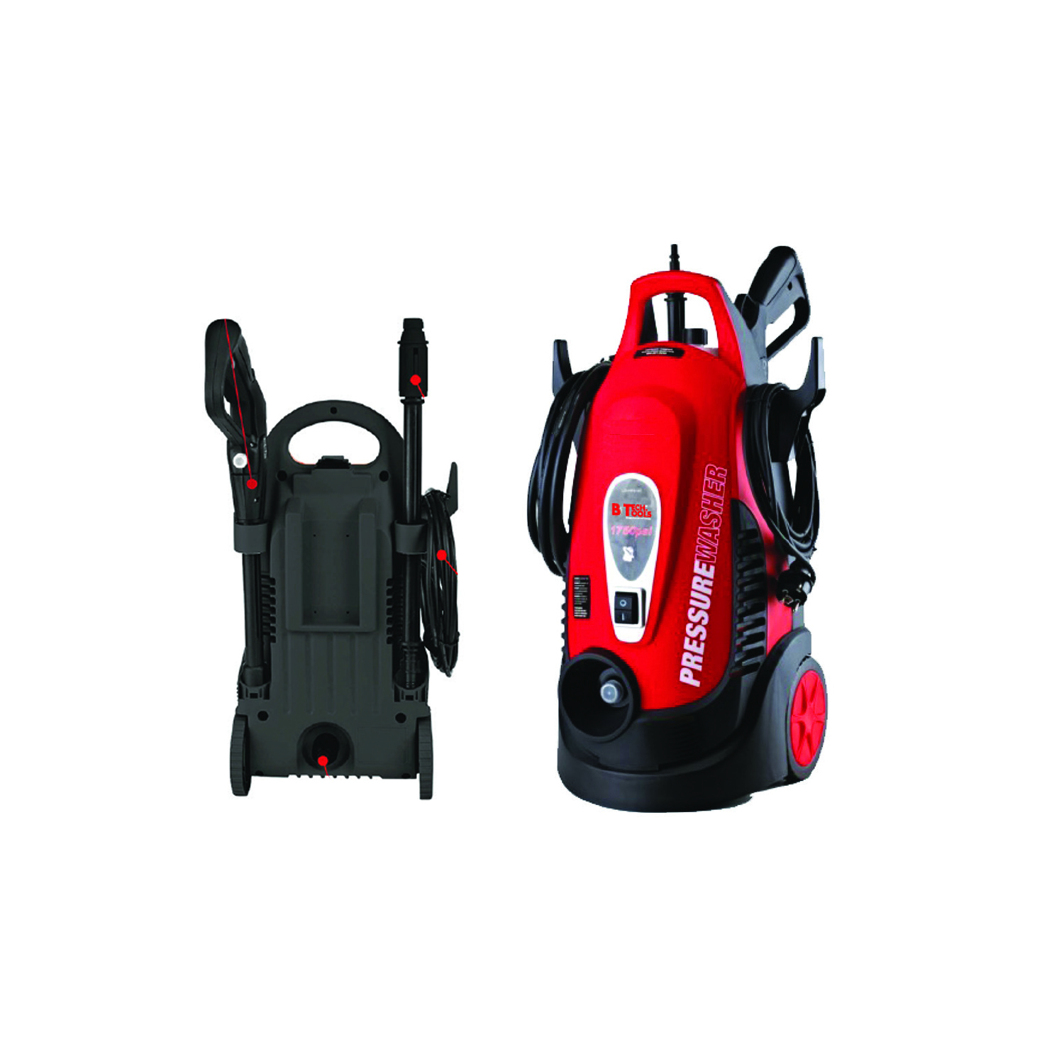 מכונת שטיפה D5 1700PSI של B.Tech — גוף אדום-שחור גדול אנכי על גלגלים אדומים גדולים, ידית טלסקופית אחורית שחורה, פאנל אדום עם מתג שחור וסמליל BTECH TOOLS 1700psi PRESSURE WASHER לבן ב-vertikal text. אקדח מים שחור וצינור לחץ גבוה ארוך מקופל סביב התוף. תמונה משנית מציגה את המכשיר ממבט אחורי. מק"ט 0503067.