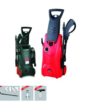 מכונת שטיפה D6.9 155BAR של B.Tech — גוף אדום על גלגלים עם לוגו B.TECH TOOLS לבן ומק"ט 0503069, ידית טלסקופית שחורה, אקדח מים שחור על וו אחורי וצינור לחץ גבוה ארוך. תמונה משנית בצד מציגה את המכשיר ממבט אחורי. נכלל מארז מתנה (gift) של זרבובית, שסתום ומיכל קצף. מק"ט 0503069.