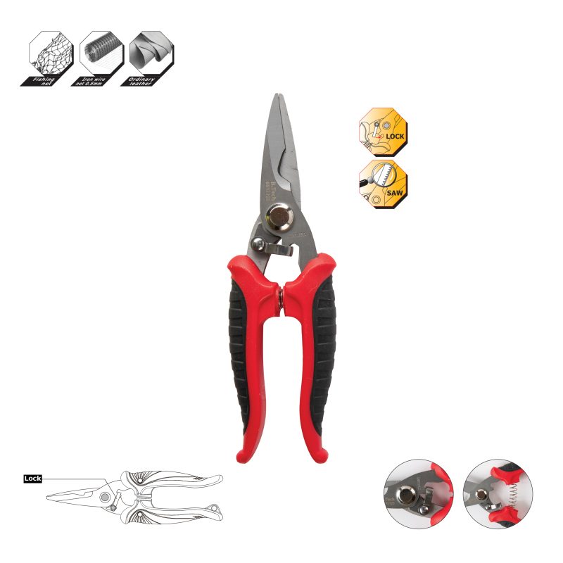מספרי חשמלאים 7 אינץ' SK5 של B.Tech עם נעילה Lock — להב פלדה SK5 כסוף-מבריק עם בורג ציר כסוף וכפתור Lock קטן, ידיות אדומות-שחורות ארגונומיות עם פסי גומי שחורים. אינפוגרפיקות מציגות שימושים: רשת דיג, רשת ברזל 0.5 מ"מ, עור רגיל, ומנגנון Lock + Saw בקצה הלהב. תקריבים מציגים את המנגנון הפנימי. מק"ט 0503325.