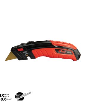 סכין תוכי טרפז 3 שלבים מגלף צד של B.Tech במבט צד — ידית ארגונומית שחור-אדום עם תפיסה גומית, להב טרפז זהוב קשוח בבליטה ימנית, גלגלת שינוי שלבי פתיחה שחורה בחלק העליון, כפתור שחרור אדום וסלוט קיפול להב ב-3 עומקים. יתרונות: 6X יותר חיתוכים, 10X חדות. מק"ט 0503462. מתאימה לפריצת קרטונים, גבס ובידוד בבנייה.