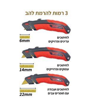 תמונת מוצר נוספת 1 של סכין תוכי 3 שלבים טרפז מגלף צד — סכין תוכי שחור-אדום עם להב טרפז זהוב במבט צד מבית B.Tech בקטגוריית סכיני חיתוך ולהבים. מק