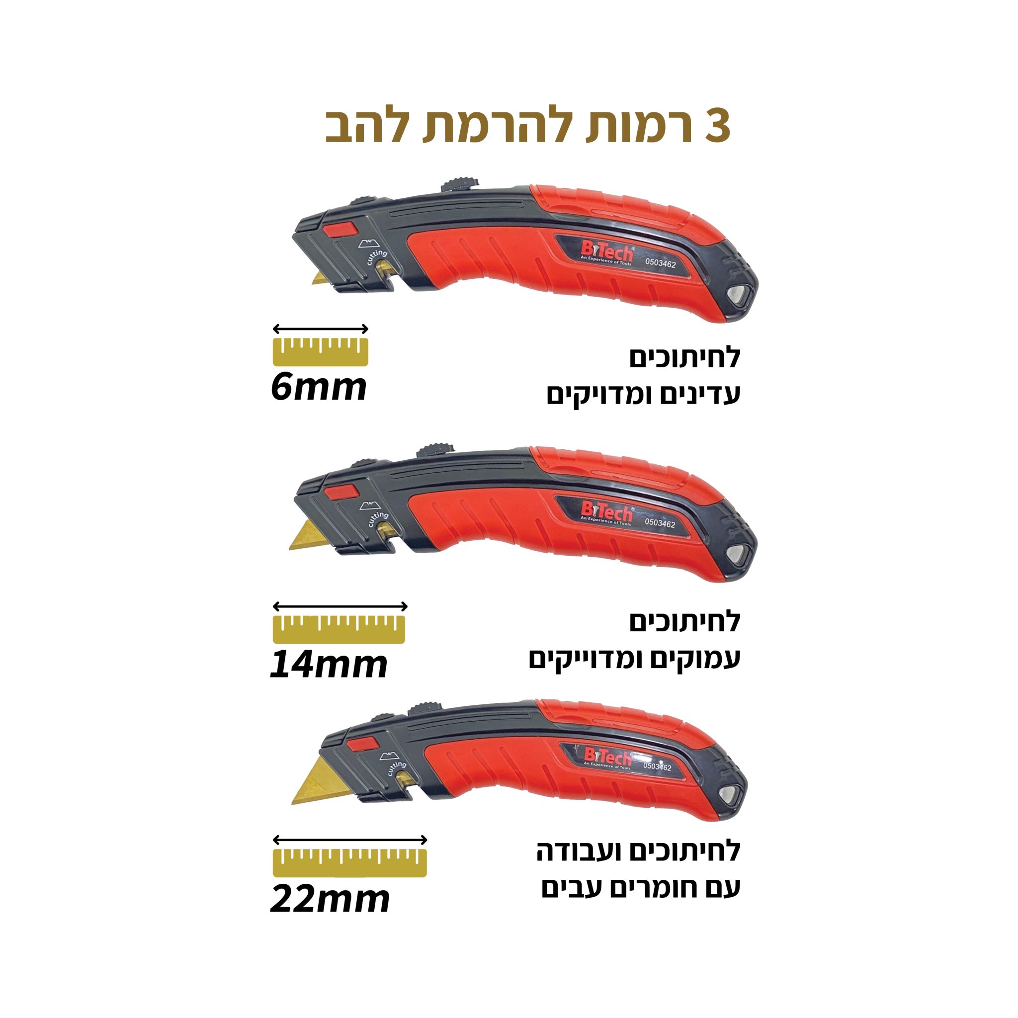 תמונת מוצר נוספת 1 של סכין תוכי 3 שלבים טרפז מגלף צד — סכין תוכי שחור-אדום עם להב טרפז זהוב במבט צד מבית B.Tech בקטגוריית סכיני חיתוך ולהבים. מק"ט 0503462.