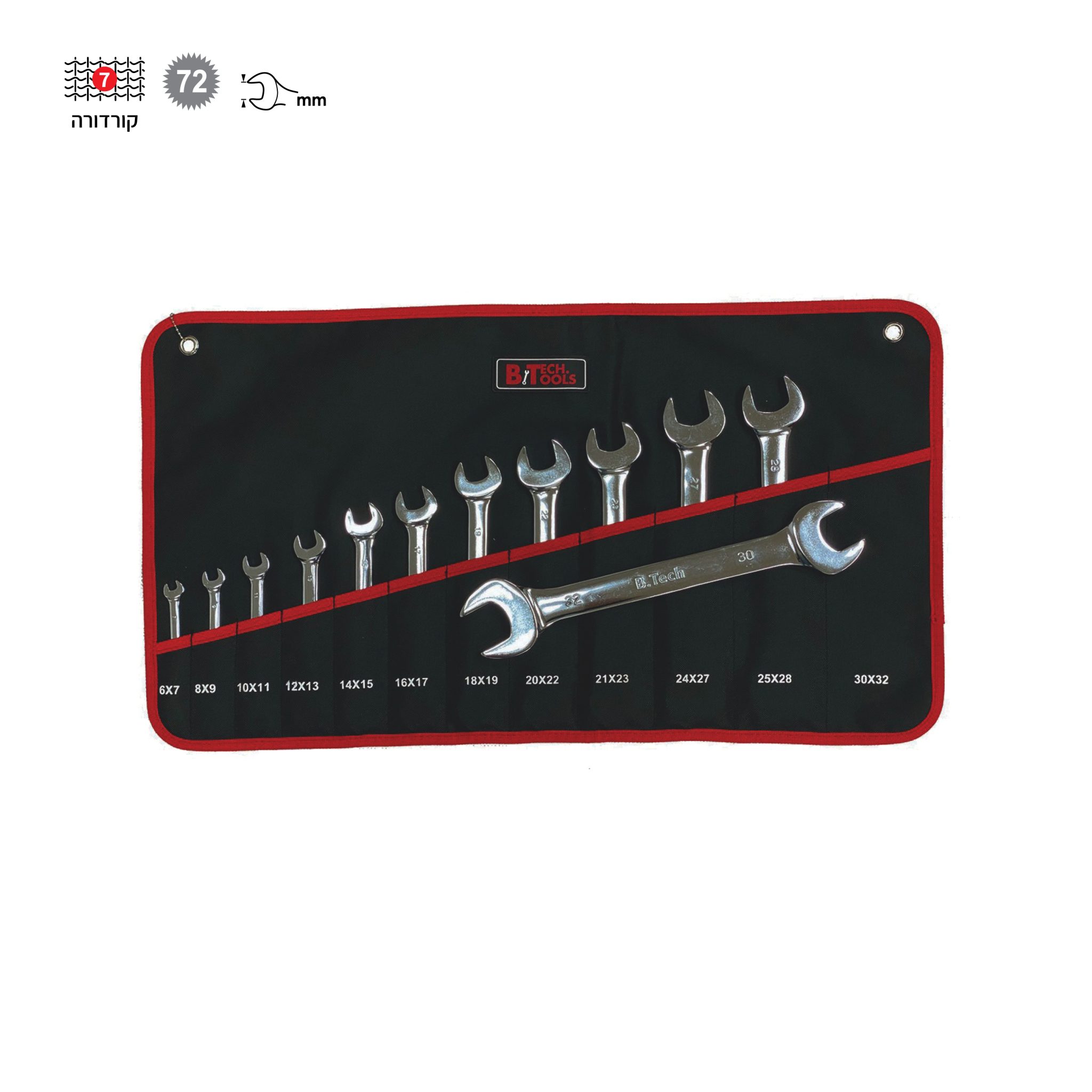 סט מפתחות פתוח-פתוח 12 יחידות 6-32 מ"מ של B.Tech סדרת T110 במבט חזית — ערכת 12 מפתחות כרום מלוטשים דו-קצוות בגדלי 6X7, 8X9, 10X11, 12X13, 14X15, 16X17, 18X19, 20X22, 21X23, 24X27, 25X28, 30X32 מ"מ, מונחים על מארז Cordura שחור עם תפרי אדום וכיסי סוג לכל מפתח, לוגו BiTech Tools אדום במרכז. מק"ט 0507266 — סט מפתחות פתוחים לעבודות אינסטלציה ומסגריה.
