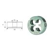 מחרוקת עגולה BSP-G HSS Cobalt M35 של B.Tech במבט קדמי — מחרוקת חיתוך הברגות BSP-G צינוריות עם תוספת קובלט 5% (M35), צורה עגולה שטוחה עם 4 אונות חיתוך מופרדות פתחי שבבים, חריטת סימון 'M 10×1.50' ו'6g-HSS' על הפנים. לצד המחרוקת שרטוט טכני המציג ממדי D1, D2 ו-H. מתאימה לחיתוך הברגות BSP צינוריות לאינסטלציה.