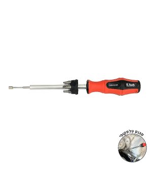 מברג הקס נסתר טלסקופי מגנטי של B.Tech עם 6 ביטים — שוק פלדה כסוף-נמשך טלסקופי עם תושבת מגנטית בקצה הקדמי המכילה את שש הביטים השונים ניצבים, ידית אדומה-שחורה ארגונומית עם תווית BTECH TOOLS 0502234 ולוגו לבן. סמל מגנט טלסקופי בתחתית. מק"ט 0502236.