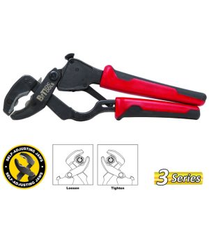 פלייר ארנב Self-Adjusting של B.Tech סדרה 3 — לסתות פלדה שחורות עם מנגנון התאמה אוטומטית, גוף שחור עם ידיות אדומות-שחורות ארגונומיות. אינפוגרפיקה מציגה את מנגנון Self-Adjusting Jaws (Loosen/Tighten) וסמל 3 Series זהוב. מתאים לאינסטלטורים. מק"ט 0500115.