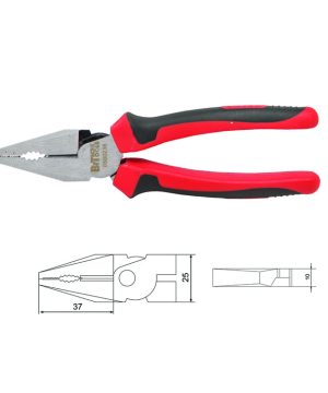 פלייר משולב Combination GO-THROUGH עם 30% פחות מאמץ של B.Tech — לסתות פלדה דרופ-פורג'ד שטוחות עם שיניים מקדימות וחיתוך מאחורי הציר, גוף עם תווית B.Tech Tools ומק"ט 0500236, וידיות שתי-קומפוננטיות אדומות-שחורות ארגונומיות. שרטוטים טכניים בתחתית מציגים מידות 37 מ"מ ראש ו-25 מ"מ עובי.