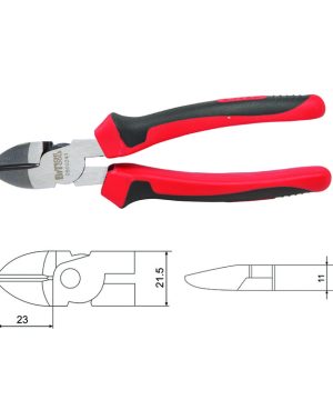 חותך צד בידוד GO-THROUGH 6" 160 מ"מ של B.Tech — לסתות פלדה דרופ-פורג'ד שחורות מסוננות עם חיתוך משופע, גוף עם תווית BTECH TOOLS ומק"ט 0500241, וידיות שתי-קומפוננטיות אדומות-שחורות ארגונומיות. שרטוטים טכניים בתחתית מציגים מידות 23 מ"מ ראש, 21.5 מ"מ עומק ו-11 מ"מ עובי לסת. מק"ט 0500241.