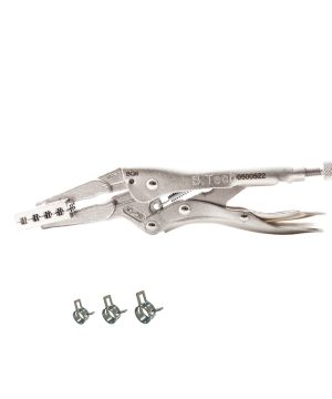 פלייר נעילה לוחץ קפיצי מכונות כפול 6"/9" של B.Tech במבט עליון — לסתות פלדה כסופות עם משטחי חיבור כפולים לאחיזה מקסימלית, מנגנון נעילה מהיר עם בורג כיוון אחורי, ידיות ארגונומיות עם ציפוי שחור-אדום ושחרור מהיר באצבע אחת. מתאים להרכבת מסגרות, פלדה ומכונות. מקצועי לתעשייה.
