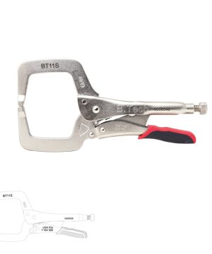 פלייר נעילה C שחרור מהיר "6/"11 דגם BT11S של B.Tech עם פטנט USA Pat. 7,454,999 — לסתות פלדה רחבות בצורת C-clamp בעלות פתח גדול, גוף ניקל מבריק עם תווית B.Tech ומק"ט 0500546, ידית עם לחצן שחרור אדום-שחור ובורג כוונון לחץ אחורי בכרום. מתאים לרתכות וייצור פח לתפיסה זמנית של חתיכות גדולות.