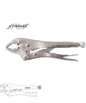 פלייר נעילה XTREME BC10 X-JAW של B.Tech במבט צד — פלייר נעילה איכותי עם לסתות X-JAW משוננות, גוף פלדה כסוף עם סימוני BC10 ולוגו XTREME ומק"ט 0500555 ולוגו B.Tech, בורג כיוון אחורי וידית שחרור מהיר. מקצועי לחשמלאים ולעבודות מתכת מורכבות. מק"ט 0500555.
