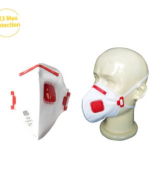 מסכת הגנה XX3 Max Protection של B.Tech עם שסתום נשיפה — מציגה את המסכה משני זוויות: בצד שמאל מקופלת לשטוח עם רצועות אוזניים אדומות-לבנות וכפתור כוונון, ובצד ימין רכובה על דמית פנים עם השסתום משוננת אדומה במרכז. מתאימה לעבודות בנייה והגנה מאבק עדין. מק"ט 0501125.