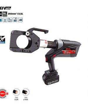 חותך כבלים נטען עד 86 מ"מ 18V ליתיום 5AH של B.Tech במבט תלת-רבעי — חותך הידראולי נטען בגוף שחור-אפור אנכי עם מנוע BL 2-in-1 חזק (60kN כוח), ראש חיתוך עגול גדול שחור מפלדה כבדה דמוי לסת תנין לכבלים עד Ø86 מ"מ² CU/AL, סוללת 18V 5.0Ah ליתיום-יון נשלפת בבסיס. מק"ט 0501228 — לחשמלאים תעשייתיים, חותכי כבלי מתח גבוה ועובדי תשתיות.