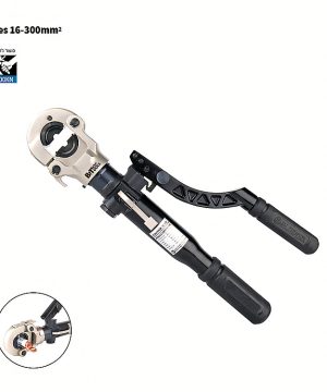 לוחץ נעלי כבל הידראולי של B.Tech לדיים 16-300 מ"מ² ולחיצה 200KN — גוף שחור-כסוף מסיבי עם ראש לחיצה עגול בקצה הקדמי, ידיות הידראוליות נסיגה ארוכות עם אחיזות גומי שחורות וסמל ZUPPER, וסקיל הפעלה עליון. תקריב מציג את ראש הלחיצה בפעולה על נעל. מתאים לאלקטרונאים. מק"ט 0501230.