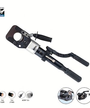 לוחץ נעלי כבל הידראולי של B.Tech 120KN — גוף שחור-כסוף מסיבי עם ראש לחיצה עגול בקצה הקדמי, ידיות הידראוליות נסיגה ארוכות עם אחיזות גומי שחורות וסמל BT, וסקיל הפעלה עליון. סמלים בתחתית: 120KN, סוגי כבל Cu/Al, משריון, ACSR. תקריבי ראש בפעולה. מק"ט 0501231.