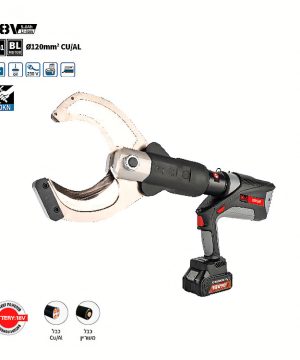 חותך כבלים נטען 18V ליתיום של B.Tech עד 120 מ"מ במבט תלת-רבעי — כלי נטען שחור-אדום עם מנוע Brushless BL, ראש חיתוך דמוי לסתות תנין בגוון כרום/אלומיניום עם להבים עבים חותכים כבלי נחושת או אלומיניום עד 120 מ"מ² (140kN כוח הידראולי), סוללת 18V 5.0Ah ליתיום-יון נשלפת בבסיס הידית. מתאים לחשמלאי תעשייתי לחיתוך חוטי מתח גבוה בנחושת ואלומיניום בשטח. מק"ט 0501247.