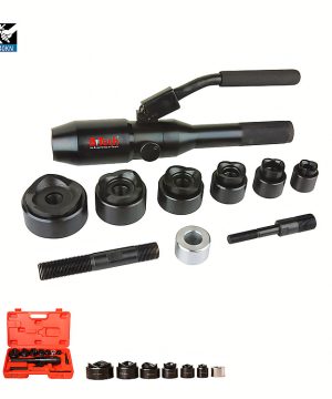 סט פנצ'ים הידראולי 640KN של B.Tech במבט עליון — כלי מקצועי שחור עם שתי ידיות, צמוד אליו 6 כוסות פנצ' שחורות בגדלים מדורגים, פין הברגה ארוך, וטבעת אטם. ערכה מלאה כוללת ארגז אדום עם 7 כוסות נוספות. מתאים לחירור לוחות פלדה ומתכת בהספק 640KN. מק"ט 0501253.