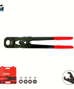 סט לוחץ מחברי רצ"ט MG ו-PG של B.Tech במבט צד — לוחץ מחברים תעשייתי 60KN בגוף שחור עם ראש לחיצה עגול, ידיות ארוכות שחורות-אדומות עם אחיזה ארגונומית, ארגז אדום וכוסות לחיצה במידות 32, 25, 20, 16. מתאים לחיבור מחברי MG ו-PG בצנרת ובמערכות מים. מק"ט 0501259.