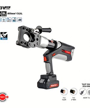 לוחץ נעלי כבל נטען 18V מיוחד לכבל מתח גבוה של B.Tech לכוח לחיצה 60KN — גוף אפור-שחור מסיבי עם ראש לחיצה עגול ופתוח עם מתאם נע, סוויץ' הפעלה אדום, סוללת ליתיום 18V 5.0Ah שחורה גדולה בתחתית. סמלים מציגים: 18V, 2-IN-1, BL Motor, 60KN, סוגי כבל Cu/Al, משריון, ACSR. מק"ט 0501270.