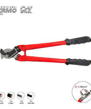 חותך כבל חשמל תוכי ONE CUT של B.Tech במבט על — חותך כבלים עבים בידיים ארוכות עם צינור אדום קווע ומרופד בגומי שחור, ראש חיתוך קומפקטי דמוי תוכי בצבע כסוף מפלדת CrMo ו-CrV עם הברגת חיבור חיצונית, חותך עד 195 מ"מ² בחיתוך נקי ללא עיוות. מתאים לכבלי Cu/Al, ACSR, משוריין וברזל מגולוון. איקונים של סוגי כבלים חתוכים בתחתית. מתאים לחשמלאים וחותכי תקשורת.