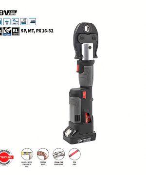 לוחץ מחברי צנרת נטען ישר 18V ליתיום של B.Tech 32-16 PX/MT/SP במבט חזית — כלי נטען אנכי שחור-אפור עם מנוע BL, ראש לחיצה עגול שחור עם תפס אבזם מחודד בחלק עליון לתפיסת מחברי צנרת, סוללת 18V 5.0Ah ליתיום-יון נשלפת בבסיס. 3-in-1 לצנרת SP/MT/PX מ-16 מ"מ עד 32 מ"מ. איקונים טכניים באייקונים כחולים. מק"ט 0501289.4 — לוחץ מקצועי לאינסטלטורים.